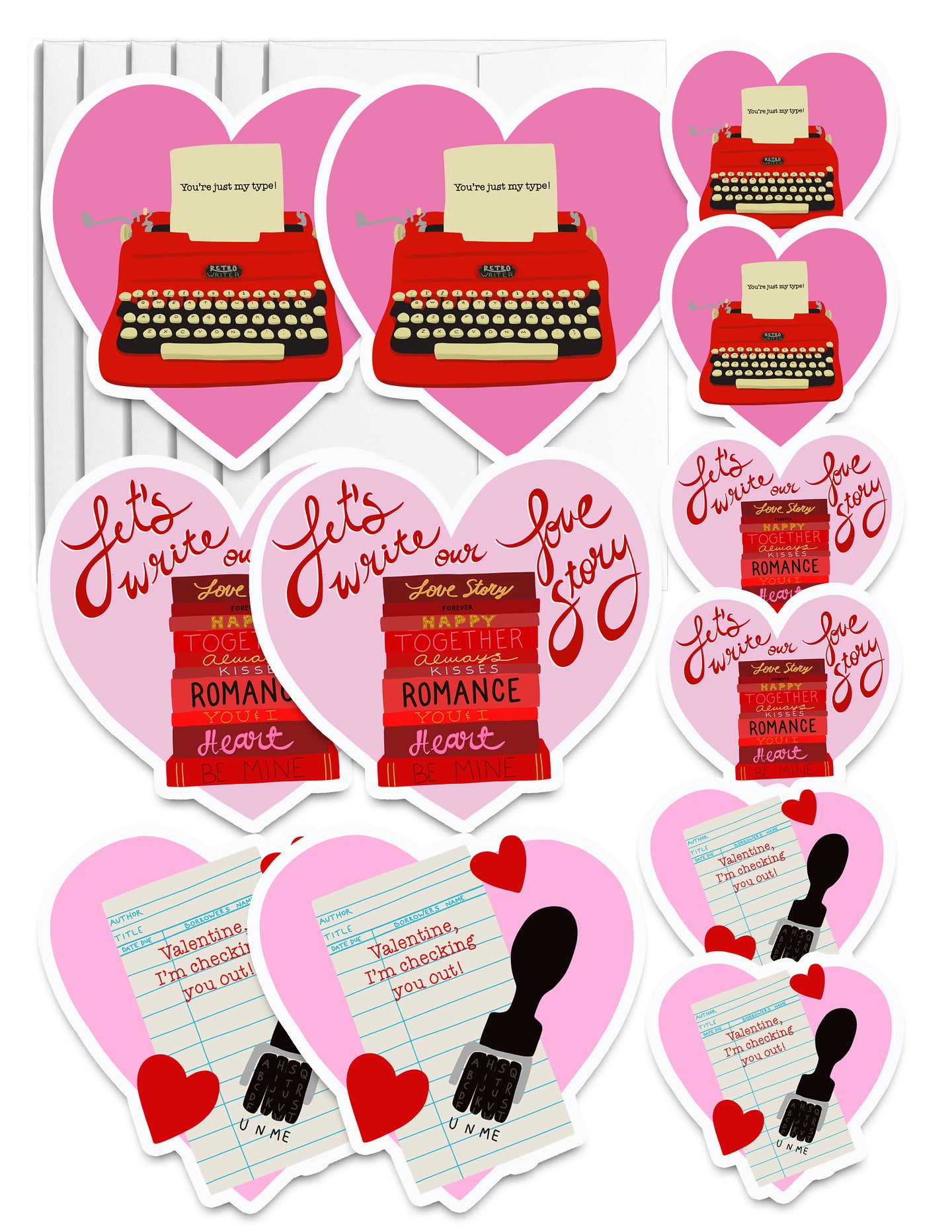 Set of 6 Book Lover Valentines, Envelopes, and 6 matching stickers