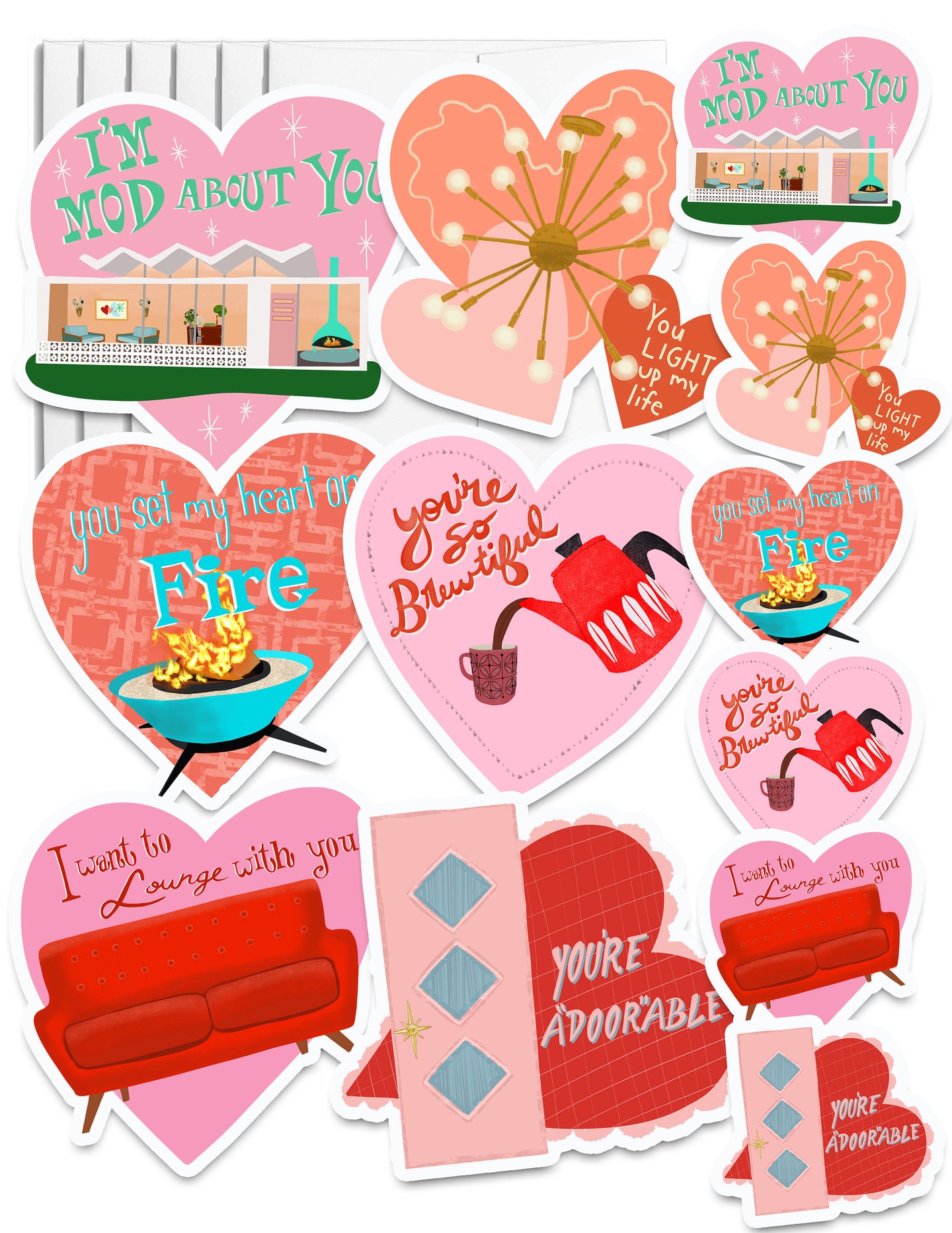Set of 6 Mod Valentines, Envelopes, and 6 matching stickers