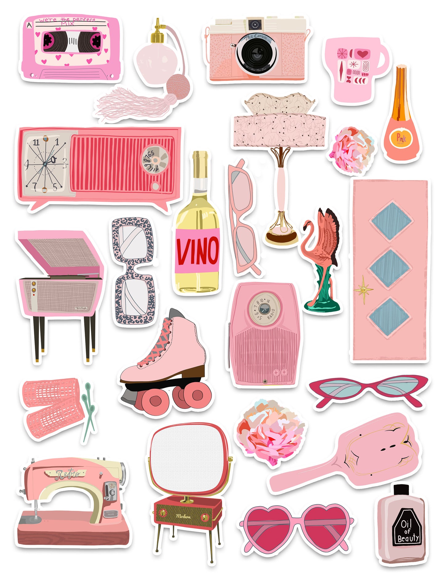 Vintage Pink Things Art Sticker Set