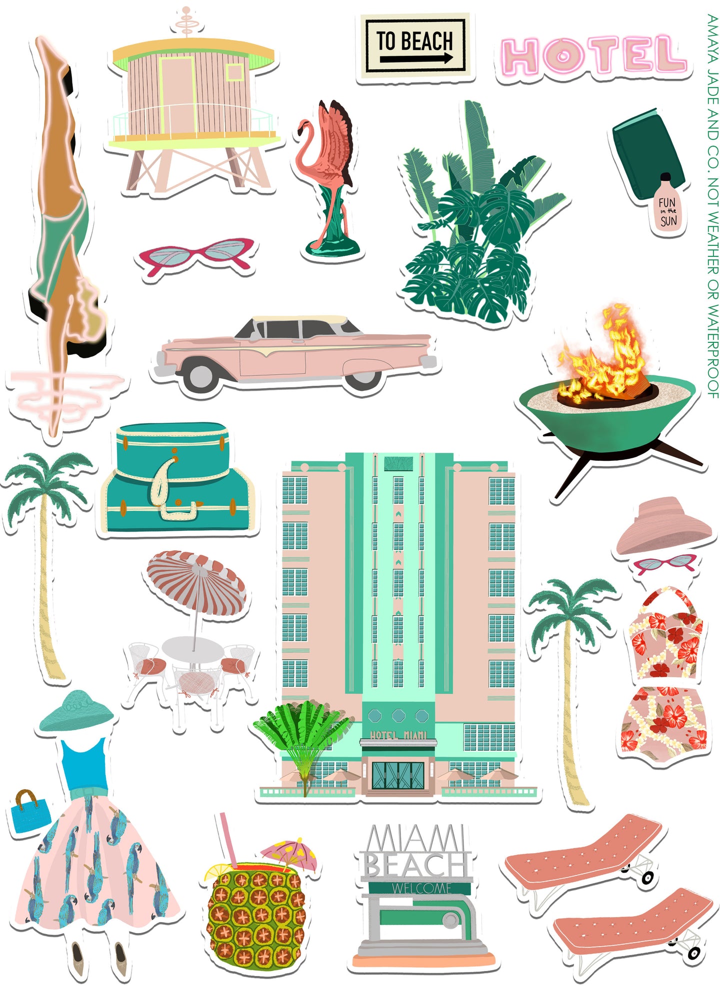 Vintage Miami Vacation Art Sticker Set