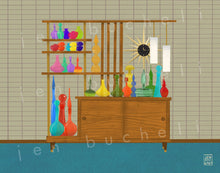 Load image into Gallery viewer, Mid Century Modern Shelf with Colored Glass Vases Art Print
