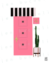 Load image into Gallery viewer, Mid Century Modern Pink Door with Striped Awning Art Print
