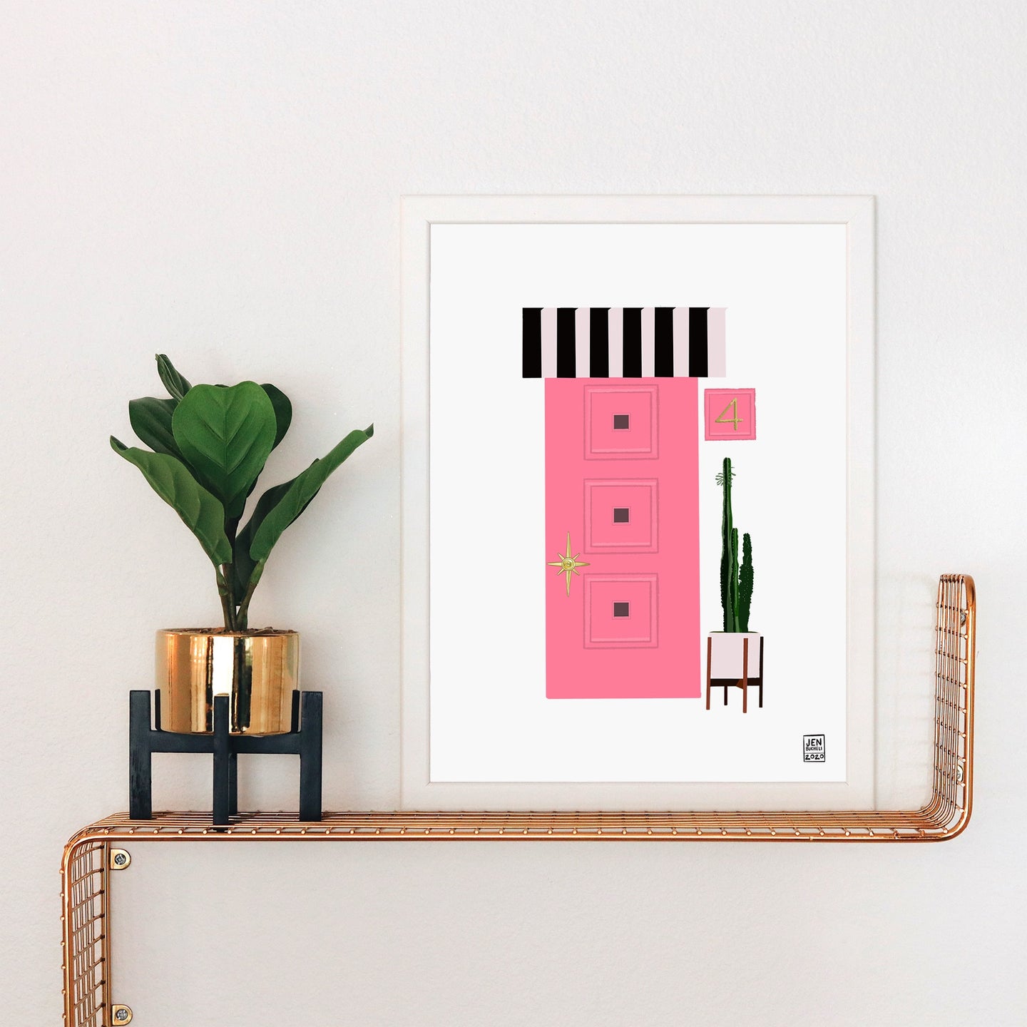 Mid Century Modern Pink Door with Striped Awning Art Print