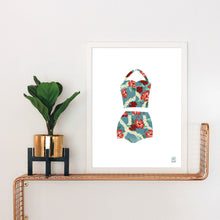 Load image into Gallery viewer, Vintage Blue Hibiscus Bathing Suit Art Print
