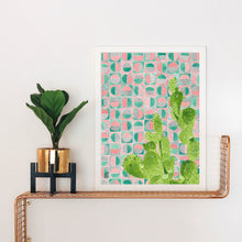 Load image into Gallery viewer, Pink and Turquoise Tile and Cactus Watercolor Print
