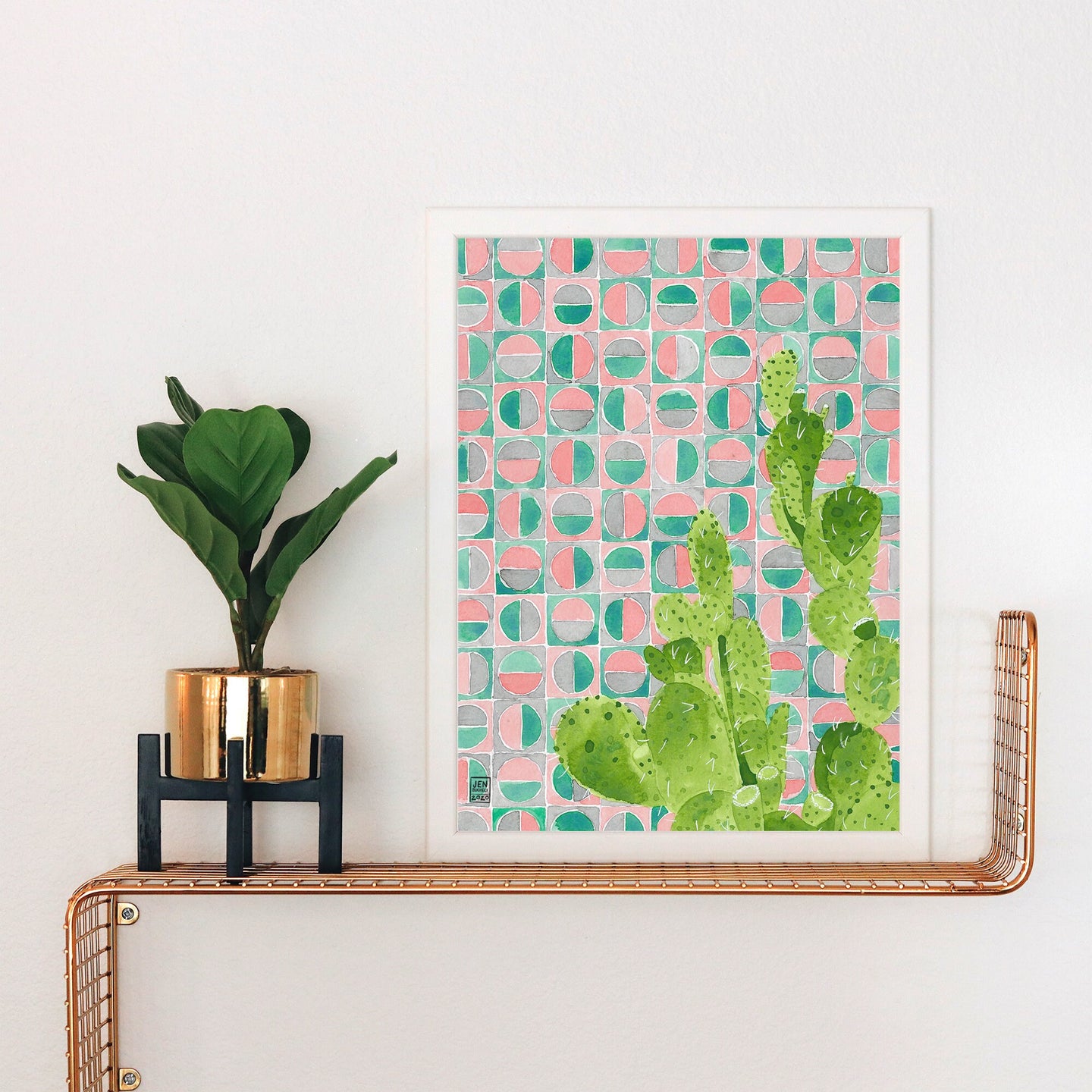 Pink and Turquoise Tile and Cactus Watercolor Print