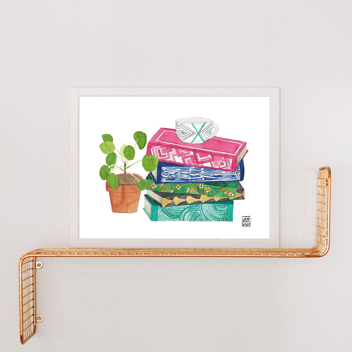 Stack of Books and Plant Art Print
