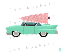 Load image into Gallery viewer, Vintage Aqua Car with Pink Christmas Tree Art Print
