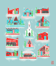 Load image into Gallery viewer, Putz Houses Snow Village in Pink, Red, and Turquoise Art Print
