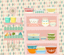 Load image into Gallery viewer, Pink Kitchen Dishware Shelf Art Print
