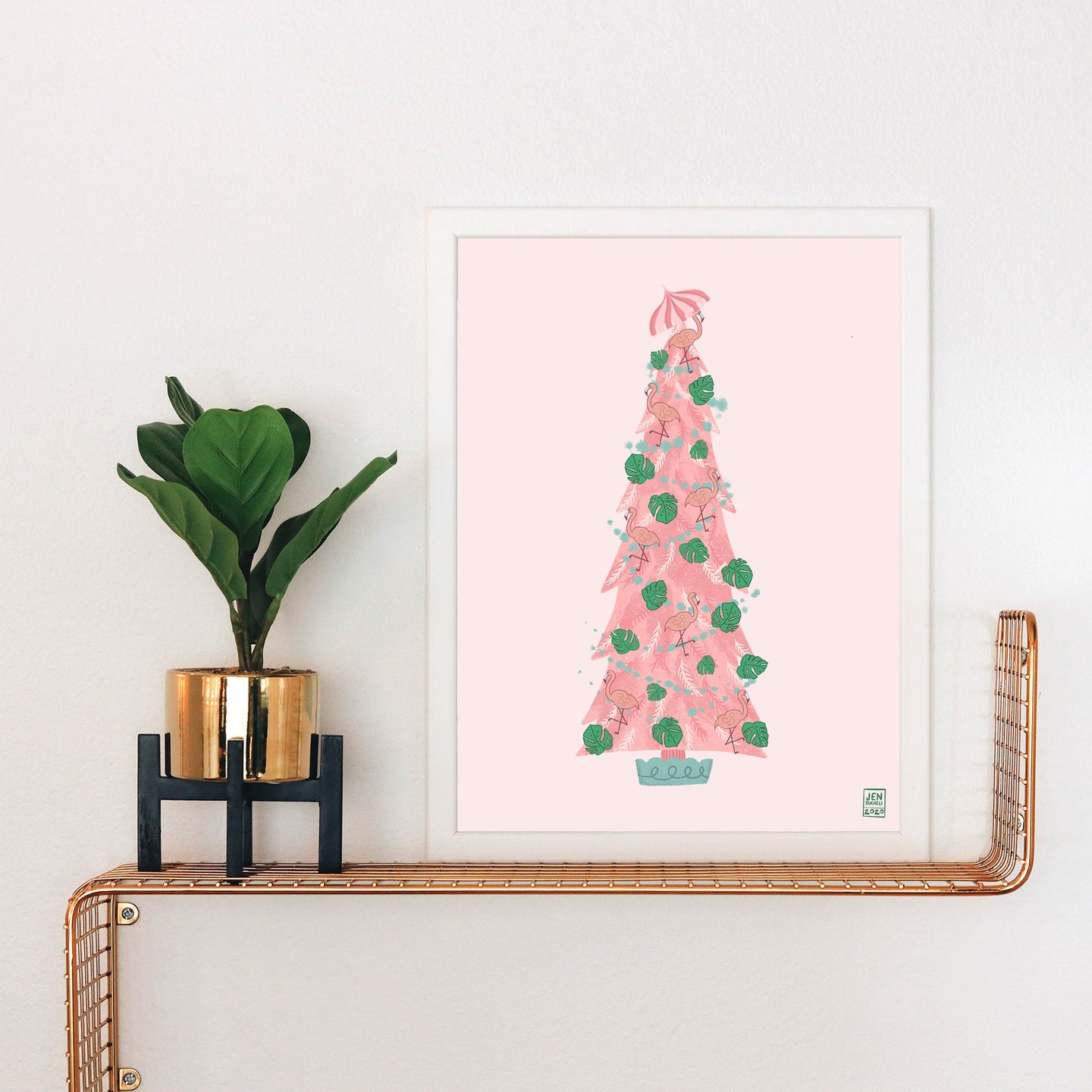 Flamingo Christmas Tree Art Print