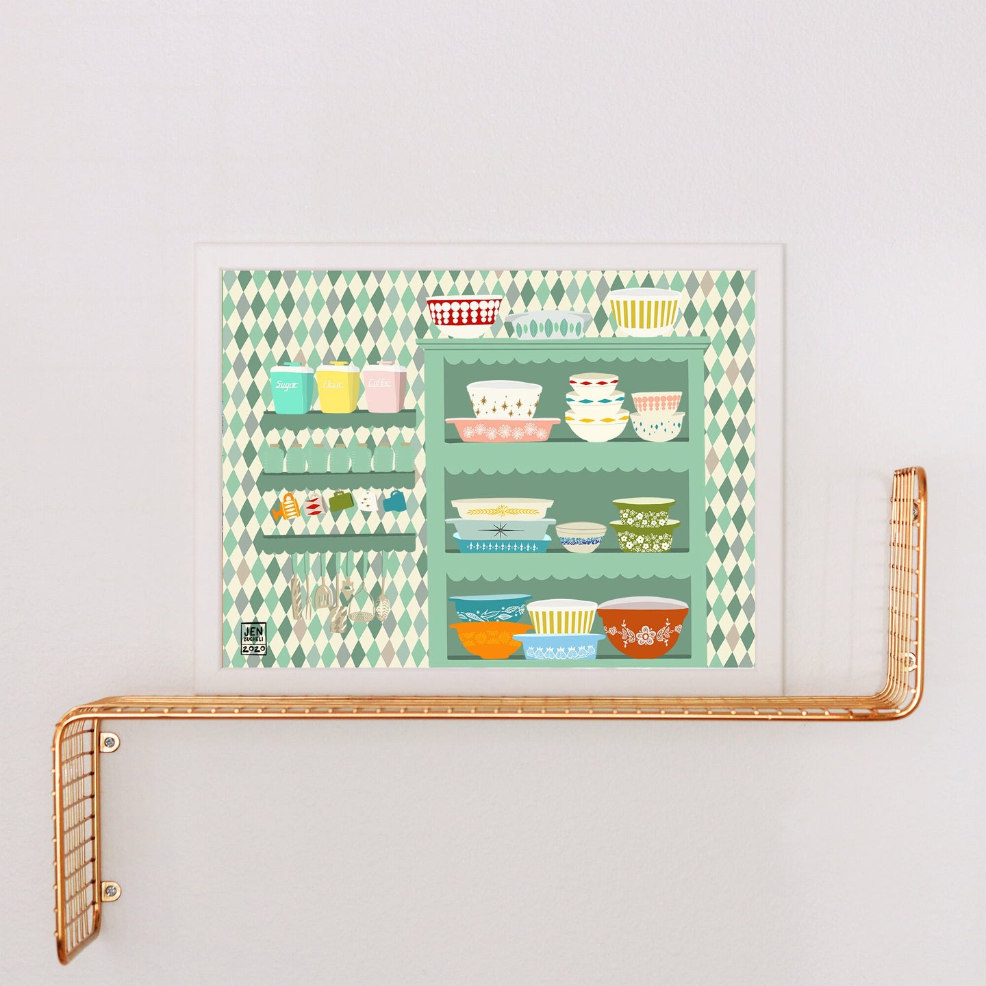 Green Kitchen Dishware Shelf Art Print