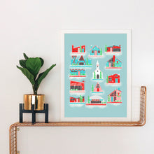 Load image into Gallery viewer, Putz Houses Snow Village in Pink, Red, and Turquoise Art Print
