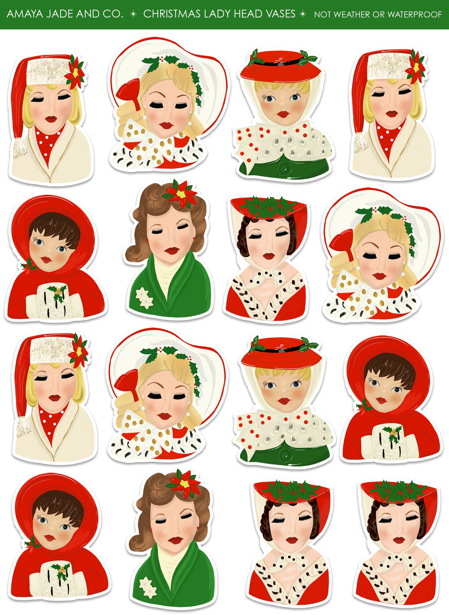 Christmas Lady Head Vases Art Sticker Set