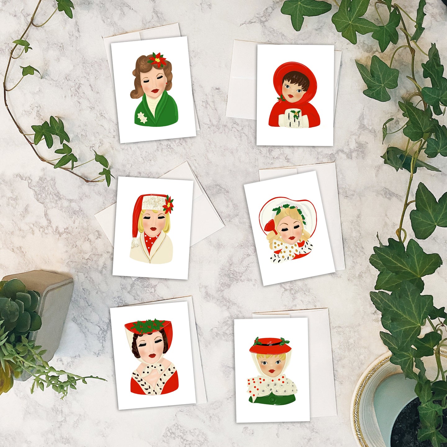 Christmas Lady Head Vases cards w/envelopes Set of 6