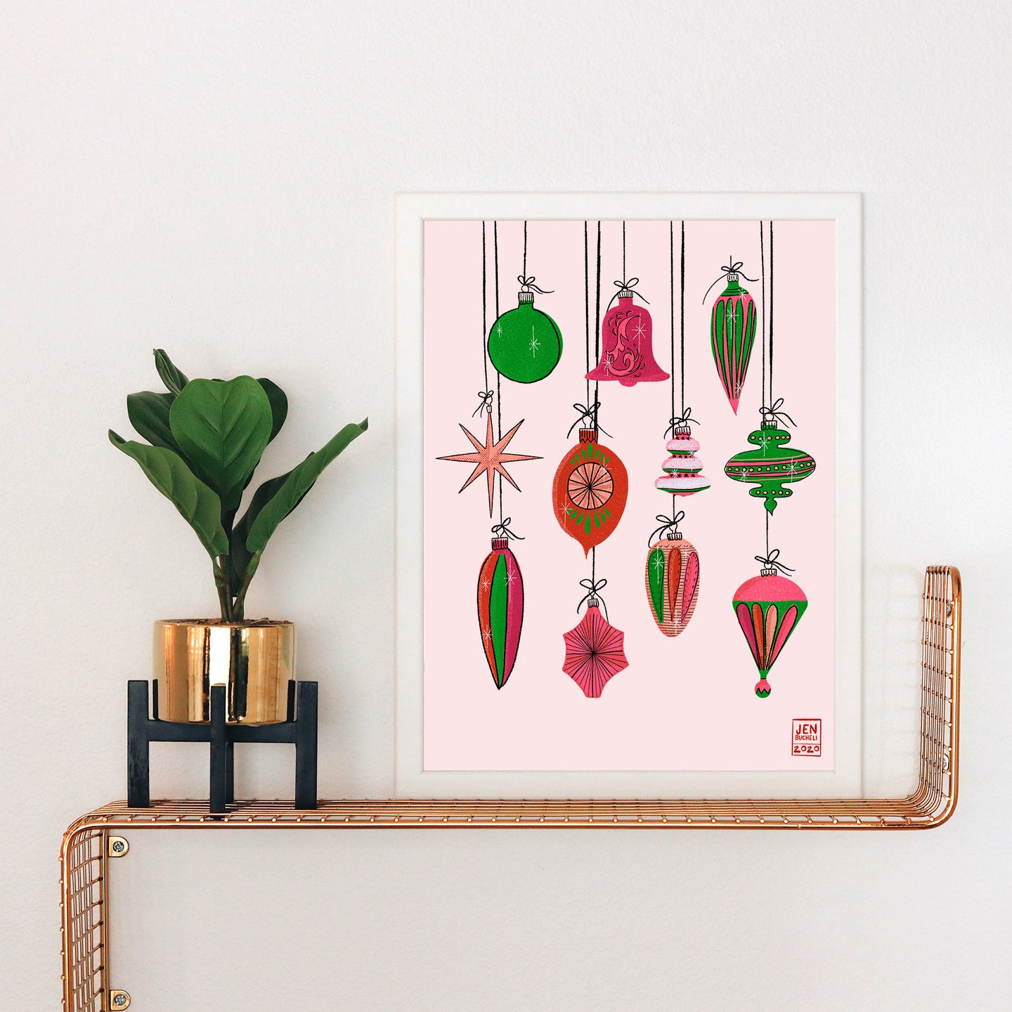 Pink and Green Hanging Vintage Ornaments Art Print