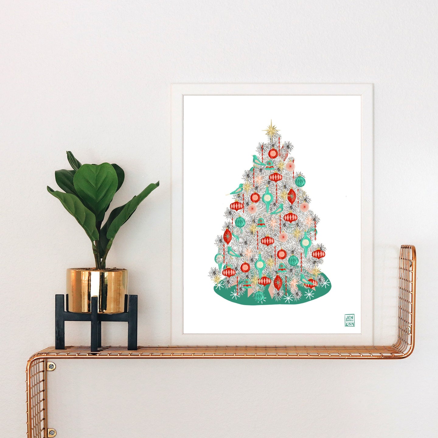 Vintage Aluminum Christmas Tree with Shiny Vintage Ornaments Art Print