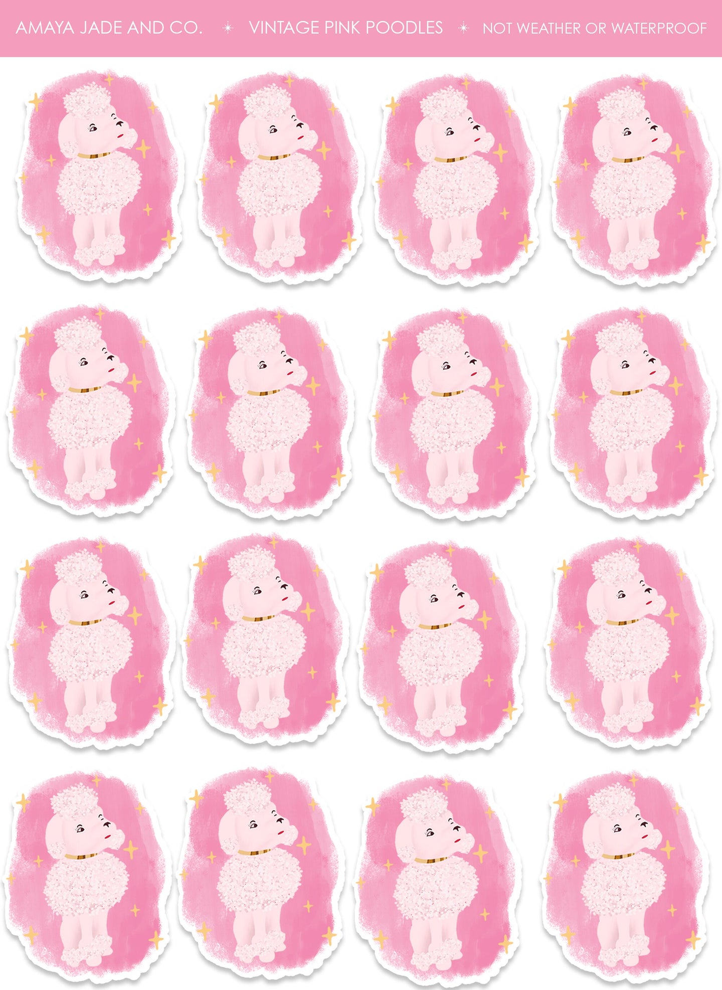 Vintage Pink Poodle Art Sticker Set