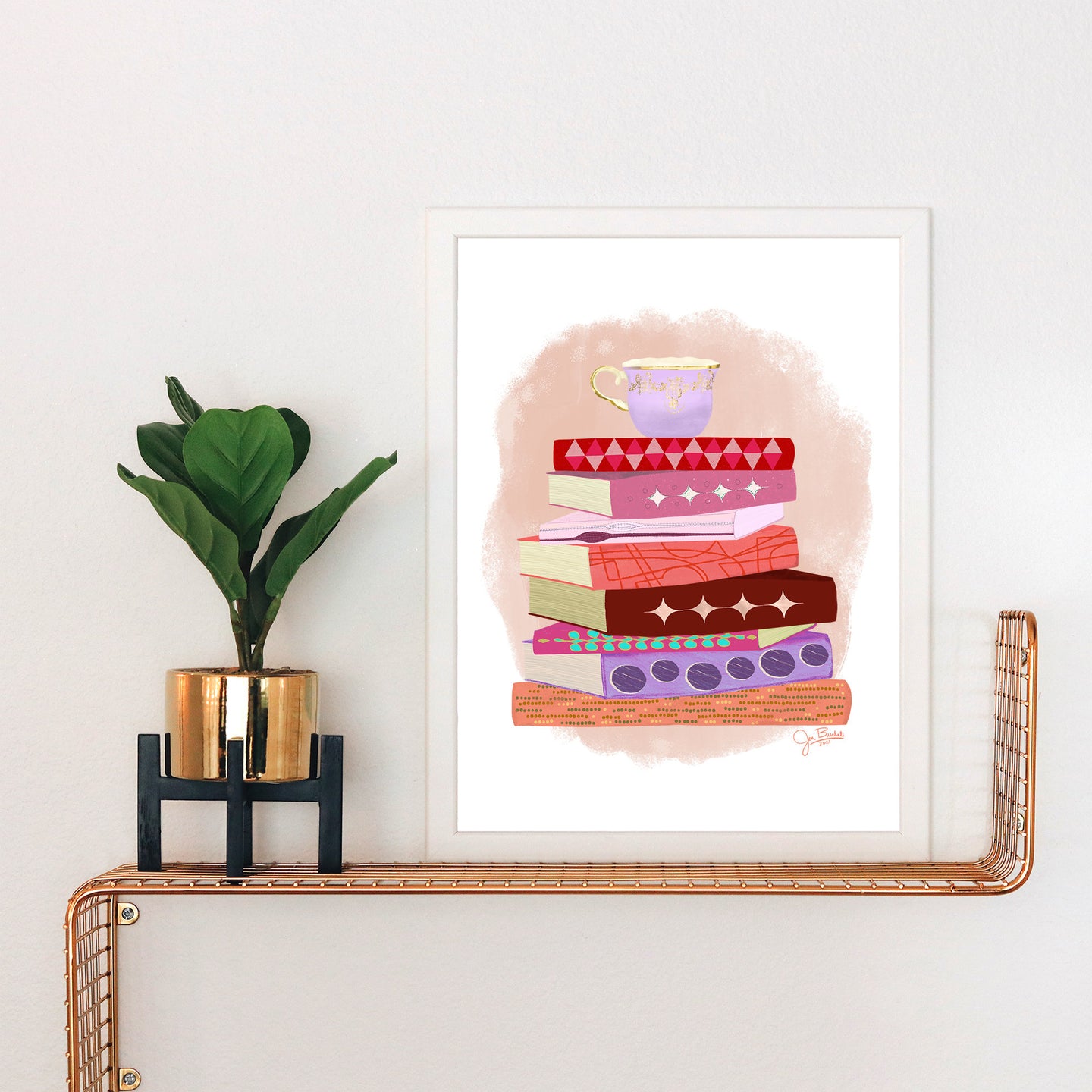 Stack of Books with Teacup Art Print