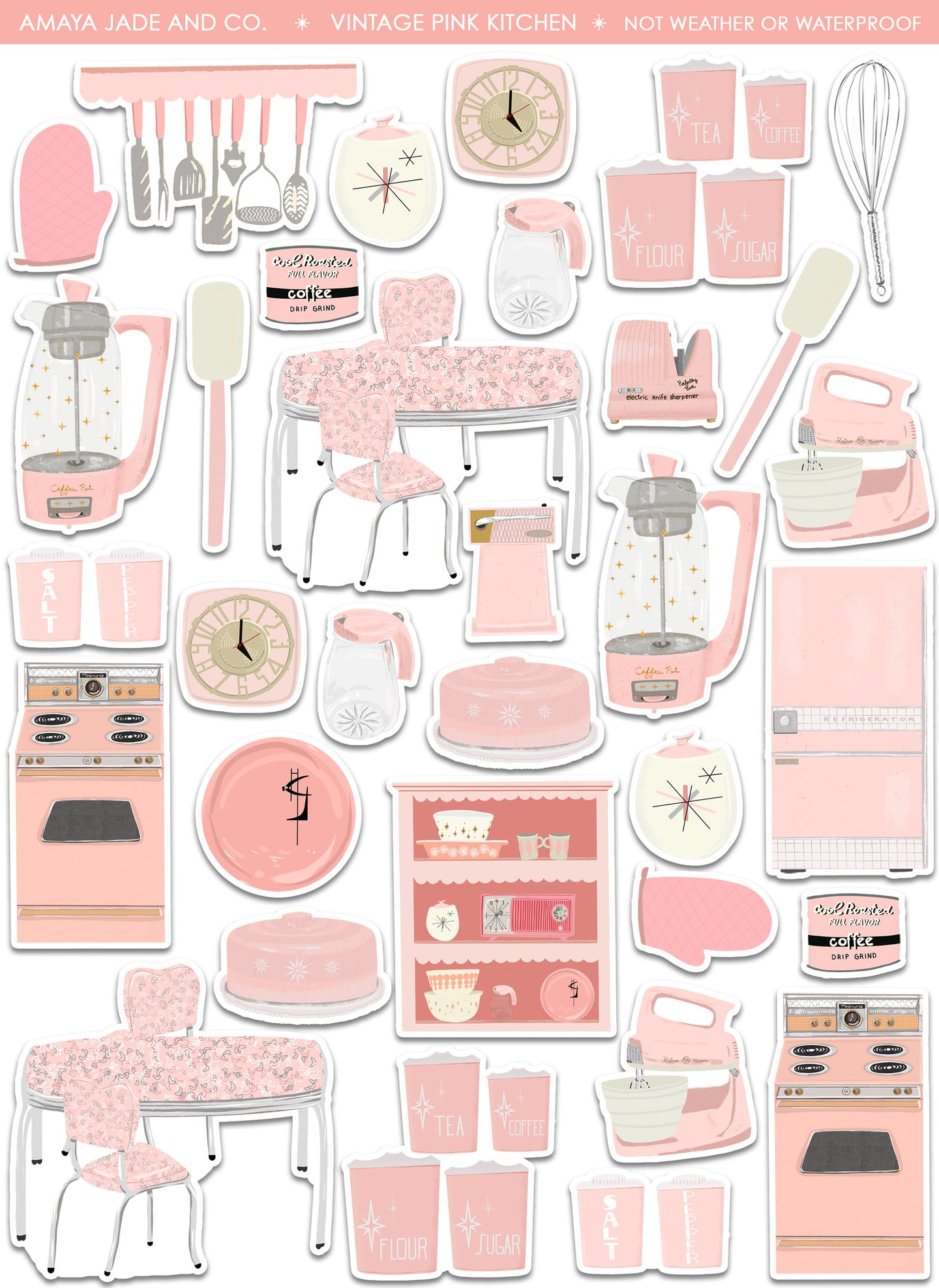 Vintage Pink Kitchen Items Art Sticker Set