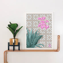 Load image into Gallery viewer, Meet Me in Palm Springs Neon Sign on Breeze Blocks Art Print
