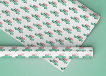 Load image into Gallery viewer, Aqua Car with Pink Christmas Tree Specialty Art Wrapping Paper One of a Kind

