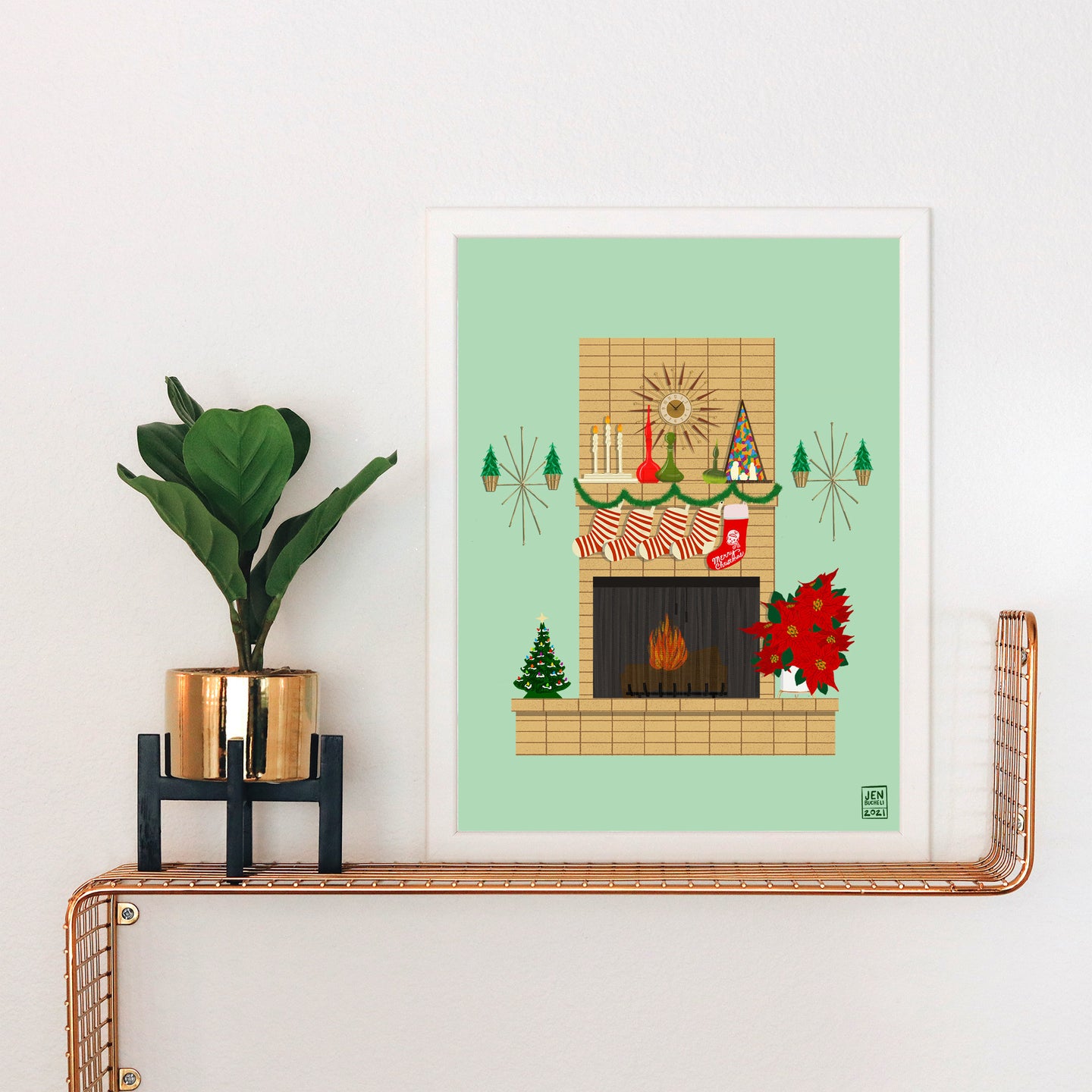 Mod Christmas Fireplace Art Print